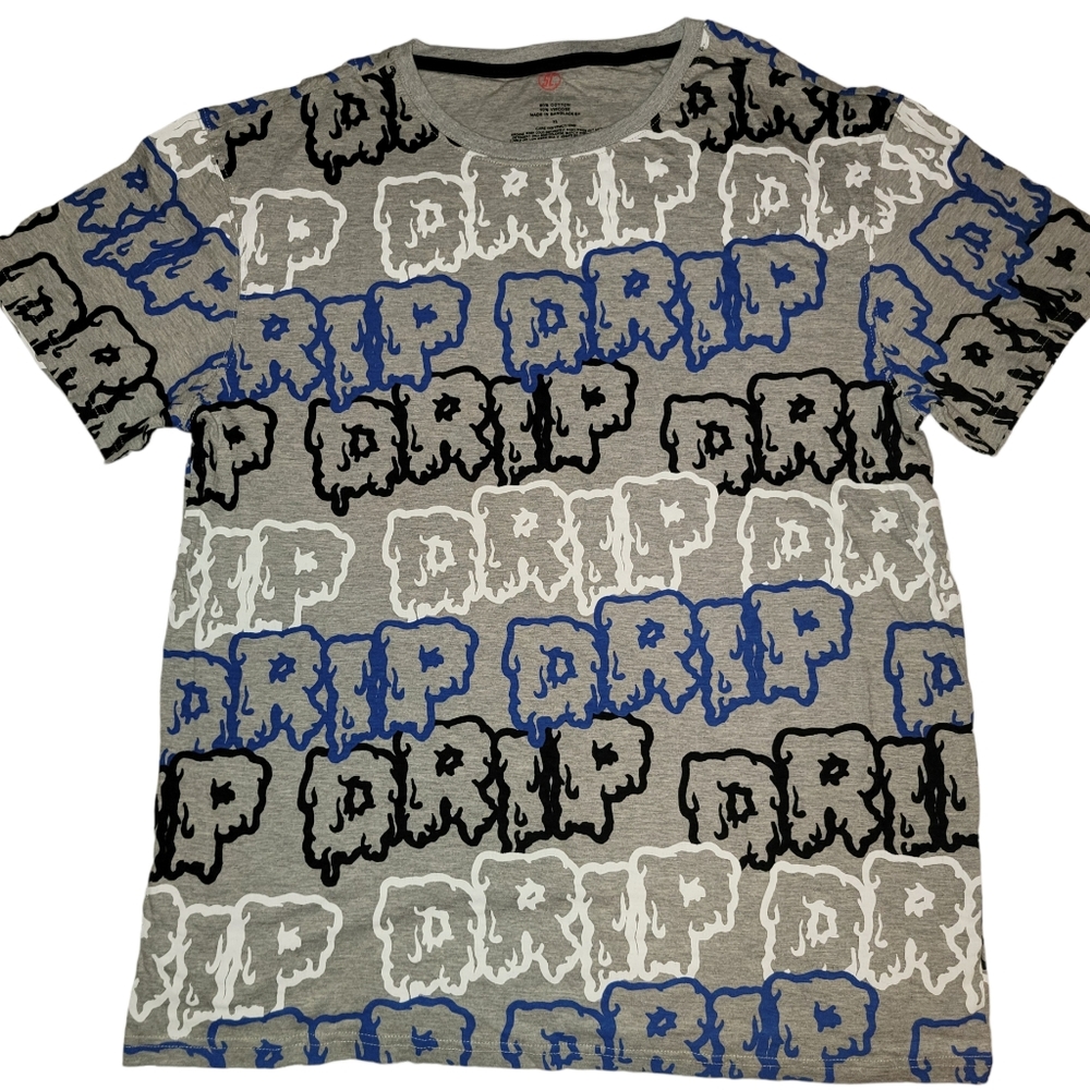 NEW Without Tags XL Gray White and Blue Drip Graffiti T Shirt Tee